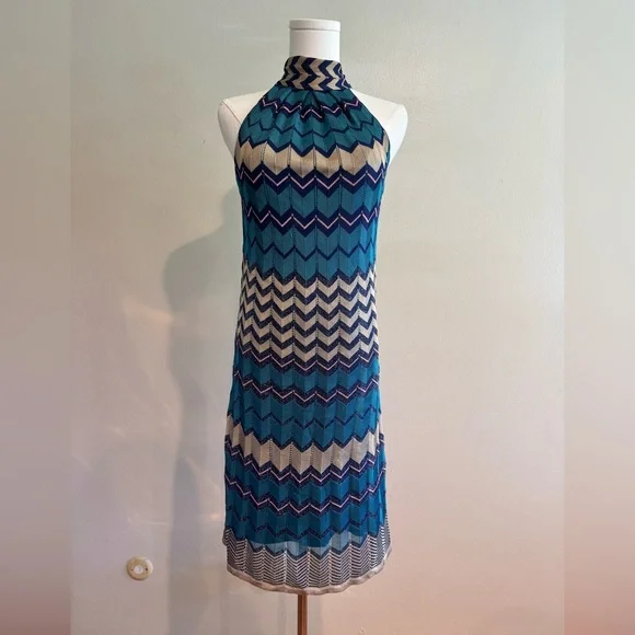 Hale Bob Teal and Cream Chevron Halter Maxi Dress - Picture 1 of 8
